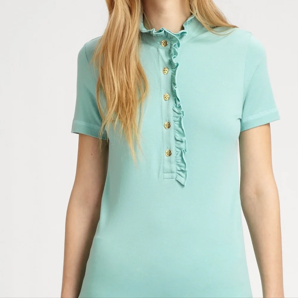 Tory Burch Lidia Ruffle Polo Tee GRAY Size Small - Picture 9 of 11
